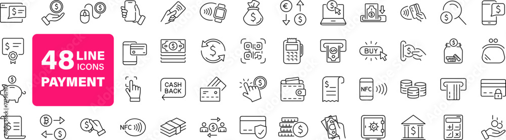 Payment set of web icons in line style. Business and finance payment icons for web and mobile app. Credit card, money, banking, exchange, cash and transaction, NFC. Vector illustration Payment set of web icons in line style. Business and finance payment icons for web and mobile app. Credit card, money, banking, exchange, cash and transaction, NFC. Vector illustration
