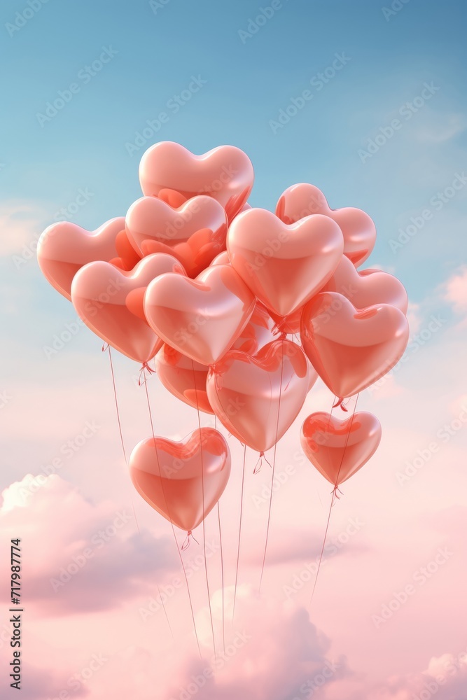 Beautiful heart shaped balloons in the peach fuzz color sky as a background. Romantic atmosphere.