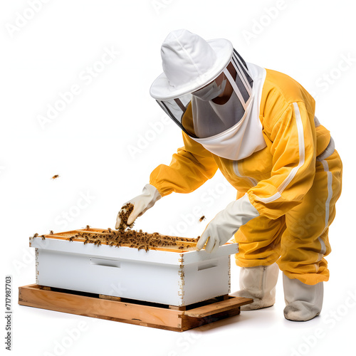 A beekeeper checking a hive in protective gear isolated on white background, png
