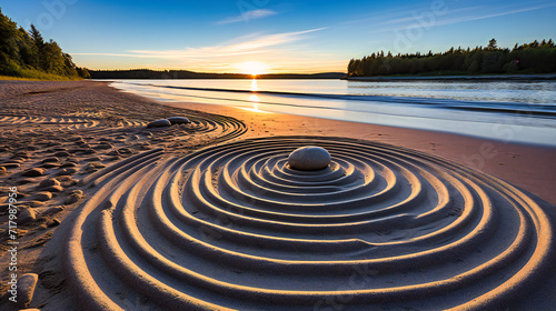 Zen Garden Concept, Peaceful Beach with Stones, Symbolizing Harmony, Balance, and Mindfulness in Nature