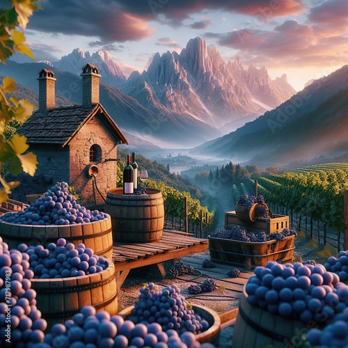 Mature black grapes, making wine in wooden barrels in a house in a mountainous area