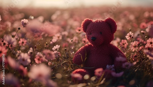 Red Teddy bear in a field of blooming flowers photographed in high definition emanating natural beauty and serenity with a