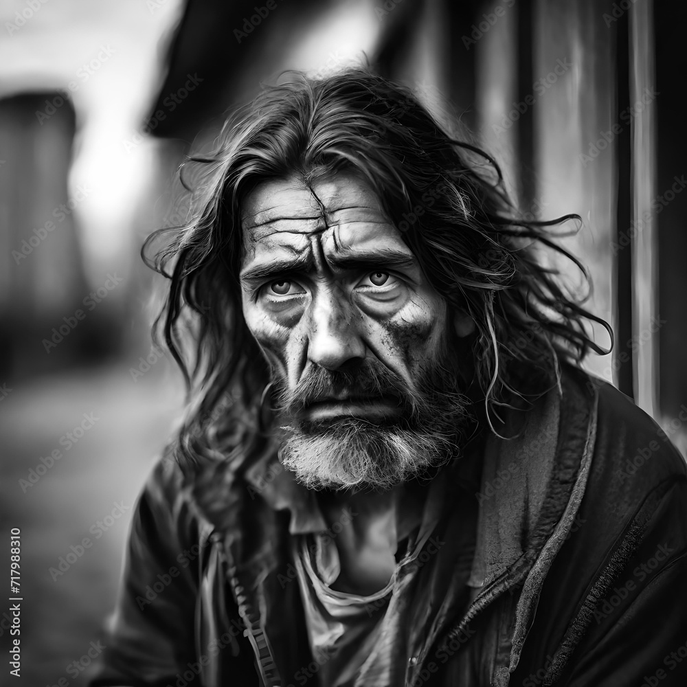 A homeless man with long unwashed hair and dirty clothes and a dirty face. There is sadness in his eyes and he is depressed and suffering from addiction and mental health issues.. A homeless man with long unwashed hair and dirty clothes and a dirty face. There is sadness in his eyes and he is depressed and suffering from addiction and mental health issues..