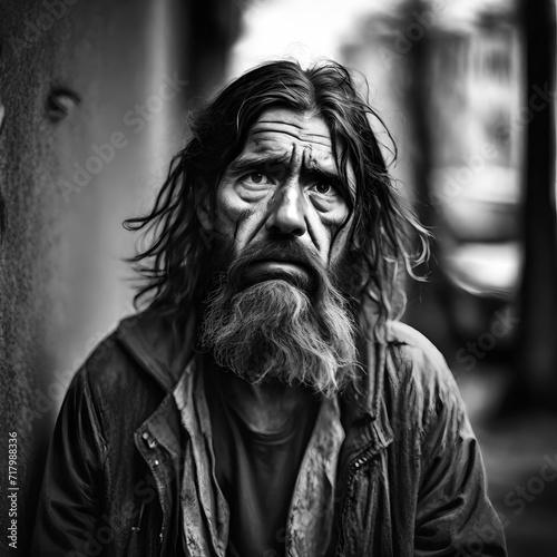 A homeless man with long unwashed hair and dirty clothes and a dirty face. There is sadness in his eyes and he is depressed and suffering from addiction and mental health issues..  © freelanceartist
