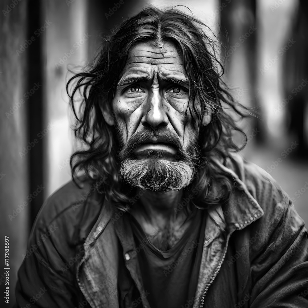 A homeless man with long unwashed hair and dirty clothes and a dirty face. There is sadness in his eyes and he is depressed and suffering from addiction and mental health issues.. A homeless man with long unwashed hair and dirty clothes and a dirty face. There is sadness in his eyes and he is depressed and suffering from addiction and mental health issues..