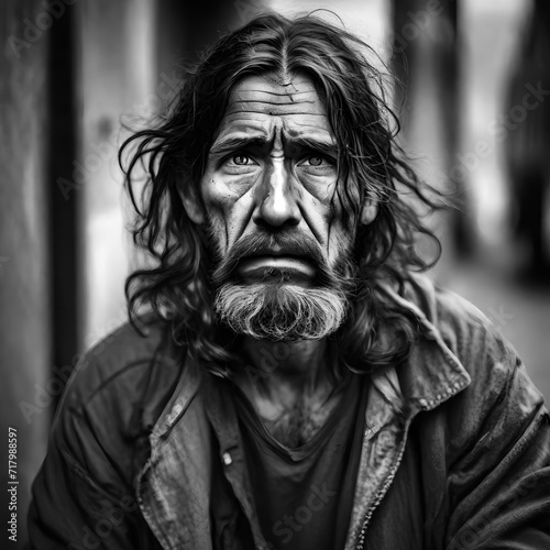 A homeless man with long unwashed hair and dirty clothes and a dirty face. There is sadness in his eyes and he is depressed and suffering from addiction and mental health issues.. 