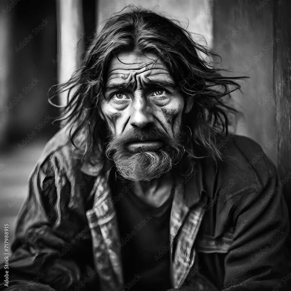A homeless man with long unwashed hair and dirty clothes and a dirty face. There is sadness in his eyes and he is depressed and suffering from addiction and mental health issues.. A homeless man with long unwashed hair and dirty clothes and a dirty face. There is sadness in his eyes and he is depressed and suffering from addiction and mental health issues..