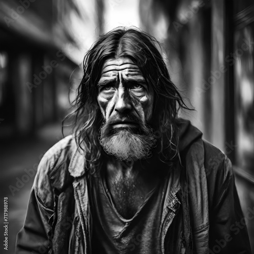 A homeless man with long unwashed hair and dirty clothes and a dirty face. There is sadness in his eyes and he is depressed and suffering from addiction and mental health issues.. 