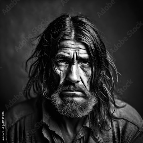 A homeless man with long unwashed hair and dirty clothes and a dirty face. There is sadness in his eyes and he is depressed and suffering from addiction and mental health issues.. 