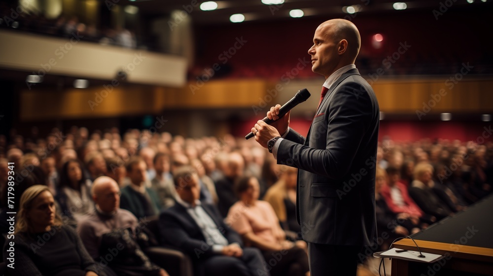 Man Speaking at Podium in Front of Audience Man Speaking at Podium in Front of Audience