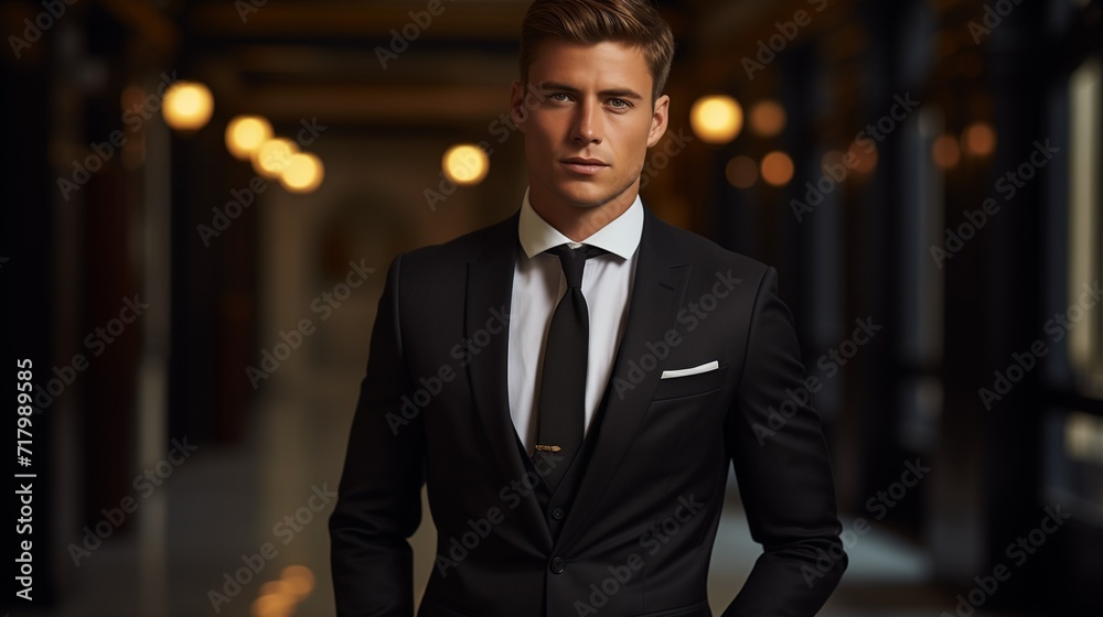 Professional Businessman in a Suit and Tie Standing in a Hallway Professional Businessman in a Suit and Tie Standing in a Hallway