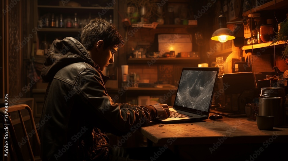 Man Sitting at Table Using Laptop Computer Man Sitting at Table Using Laptop Computer
