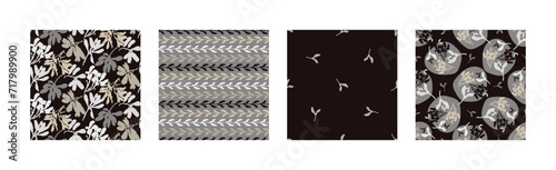 Masculine vector floral pattern with organic botanical shapes. Modern bold black white flower print, design in neutral scandi style.