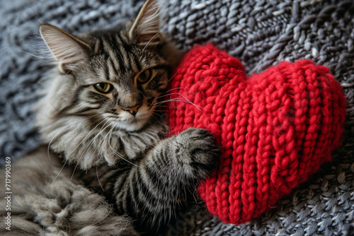 A red knitted heart in the paws of a cat. A postcard with a gray and black fluffy cat with love . Festive background with a cat. copy space