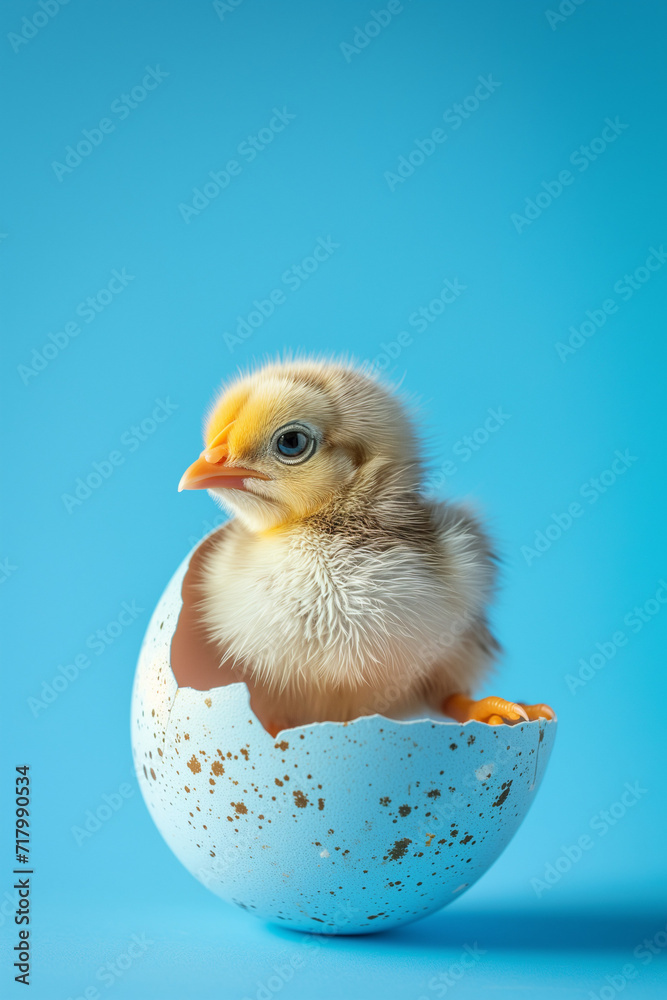 Easter baby chick hatches from the egg. Copy space on blue background. Funny Easter concept