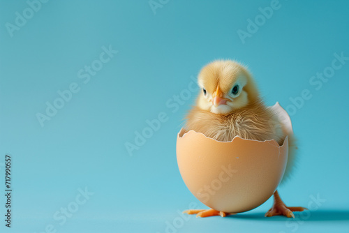 Cute little chick is seated in eggshell against pastel blue background. Copy space. Creative Easter concept.