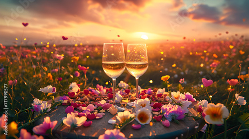 Cinematic photograph of two red wine glasses at a field full of blooming colorful flowers Heart shaped balloons and confeti. Valentines. Love photo
