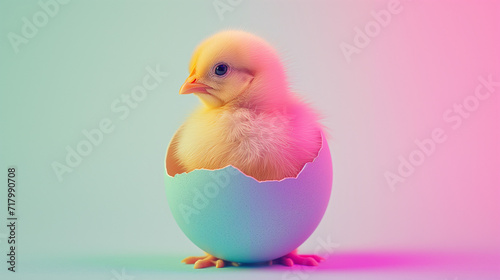 Easter baby chick hatches from the egg. Copy space on blue background. Funny Easter concept © Femmes.Digital