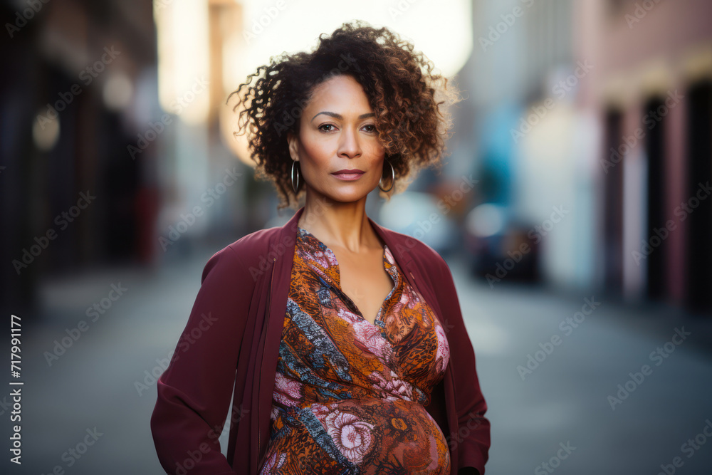Portrait of a stylish, 50-year-old pregnant woman of mixed race, urban backdrop