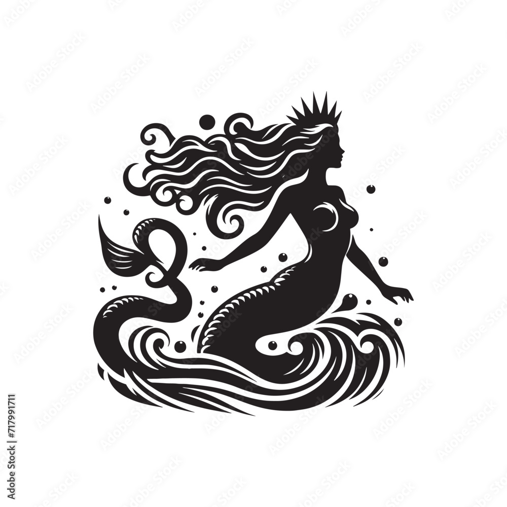 Enigmatic Sea Spirits: Sea Siren Silhouettes Concealing the Mysteries of the Deep Blue - Sea Siren Illustration - Sea Siren Vector
