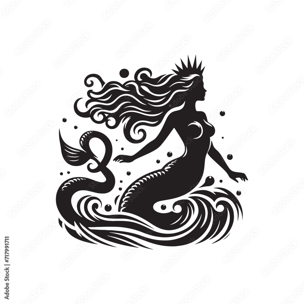Obraz premium Enigmatic Sea Spirits: Sea Siren Silhouettes Concealing the Mysteries of the Deep Blue - Sea Siren Illustration - Sea Siren Vector 