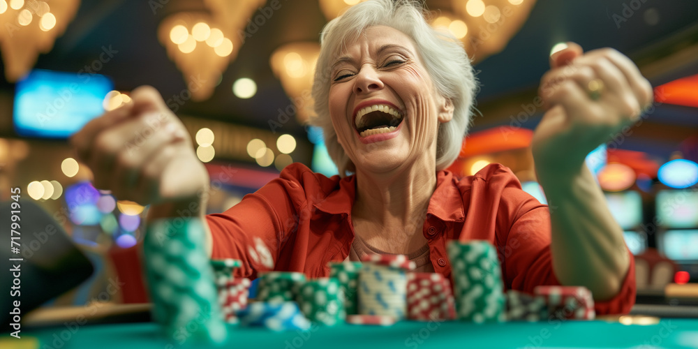 Spielerin sitzt im Casino am Spieltisch und gewinnt