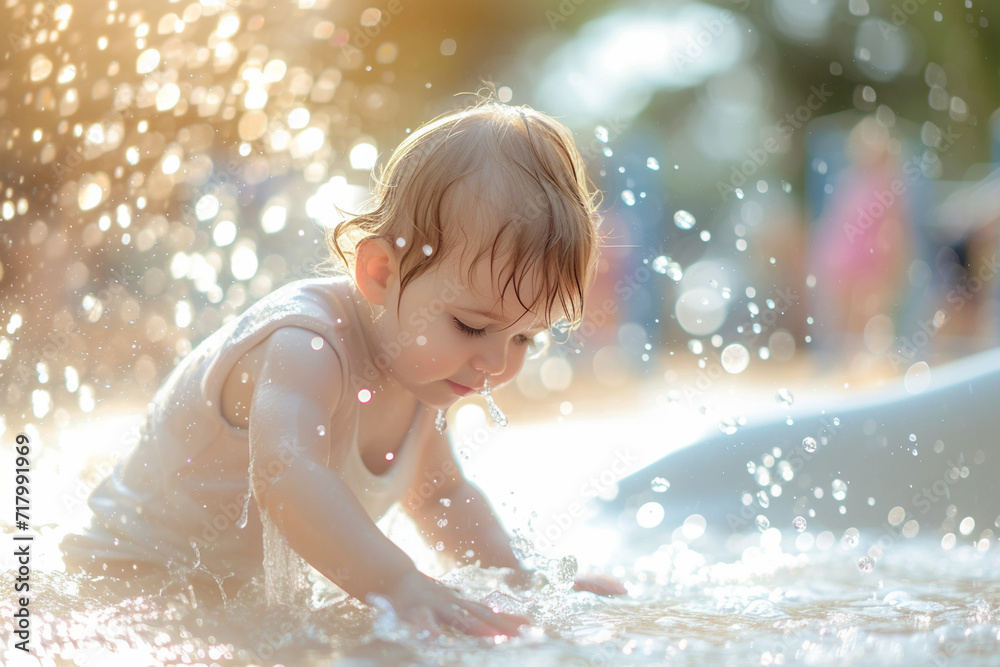 toddler exploring a water play area on the commercial playground, with refreshing water droplets and a soft blurry light bokeh background, promoting the sensory and refreshing elem toddler exploring a water play area on the commercial playground, with refreshing water droplets and a soft blurry light bokeh background, promoting the sensory and refreshing elem