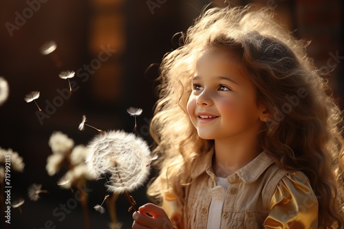 Cute little girl holds a white dandelion in her hands and blows on it. Childhood and summer concept photo