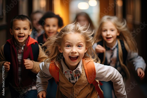 Children running down a school hallway