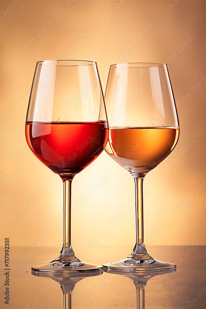 Two glasses with red wine, candid moments, light orange and gold.