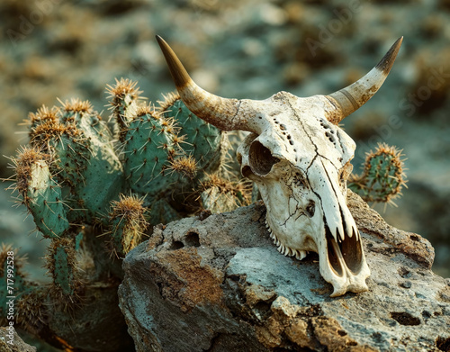 A cow skull sits on a rock near cactus in the desert. 