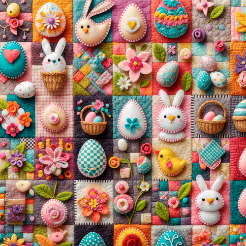 Collage of colorful Easter eggs and bunnies on checkered background