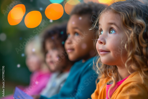 children participating in a storytelling session on a commercial playground, with engaged expressions and a dreamy blurry light bokeh background, promoting the educational and stor