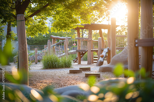 playground with natural elements, such as wooden structures and greenery, against a soft blurry light bokeh background, creating a peaceful and nature-inspired play environment #717992925