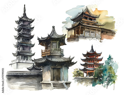 Chinese style ancient architecture watercolor stickers