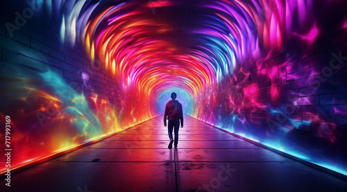 a man walking down a tunnel with a colorful light tunnel in the background and a man standing in the middle, generative ai © Vitaliy