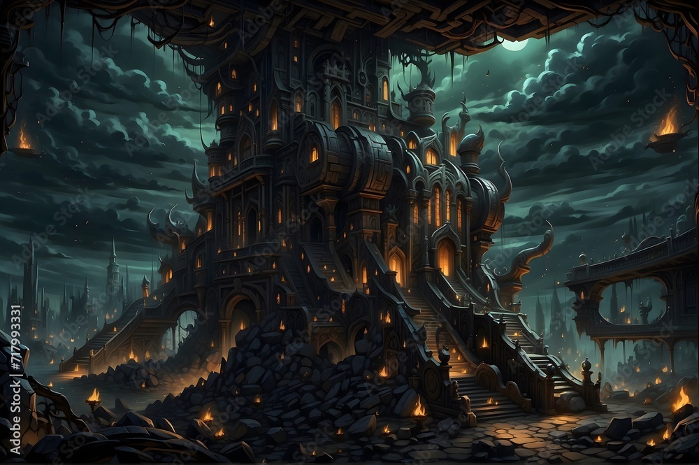 Fototapeta premium A chaotic landscape of infernal contraptions, where buildings and machines merge into one monstrous entity n4
