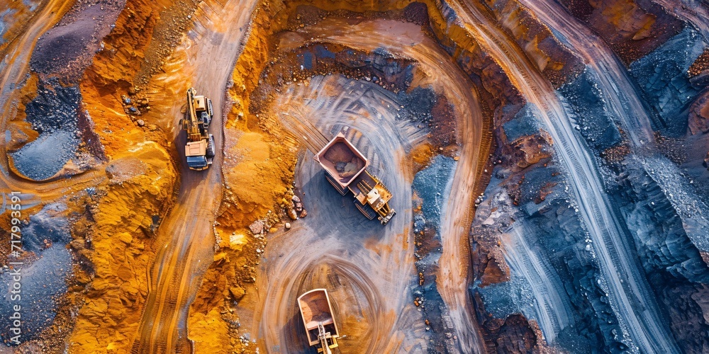 Aerial view of an industrial site showing sorting of materials, colored minerals in a surface mine, and heavy mining equipment. - obrazy, fototapety, plakaty 