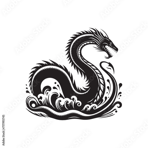 Luminous Abyss: Sea Serpent Silhouette Spectacle Illuminating the Abyssal Depths with Radiant Shadows - Sea Serpent Illustration - Sea Serpent Vector
