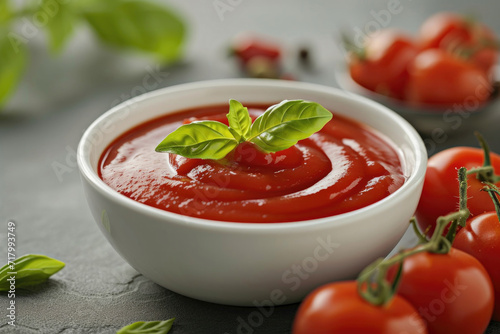 A bowl of freshly poured tomato ketchup, capturing the essence of culinary refinement
