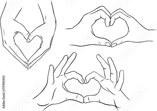 Simple vector hands, heart shape hands, line art, woman and man, couple hands, love graphic, hand drawn, Valentine's Day (ID: 717993930)