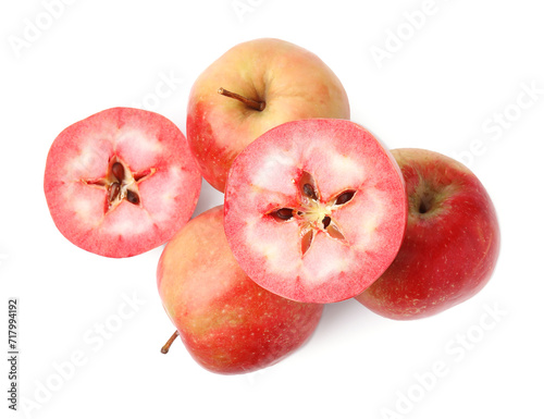 Tasty apples with red pulp isolated on white, top view