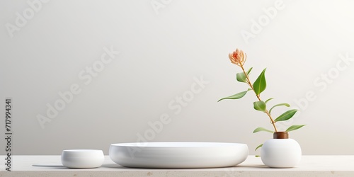 Minimalist white podium mockup with natural elements for cosmetic product presentation.