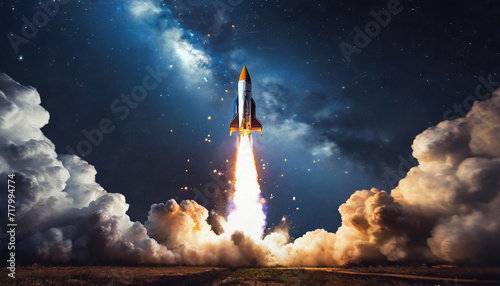 Space modern technology rocket with smoke and blast takes off to the night starry sky. Travel and space exploration, creative idea. Copy space. photo