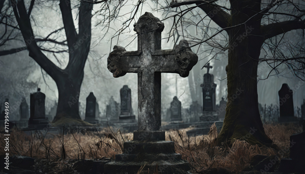 Horror concept.A cross in the old cemetery at night,a grave on a dark background.dry tree branches.