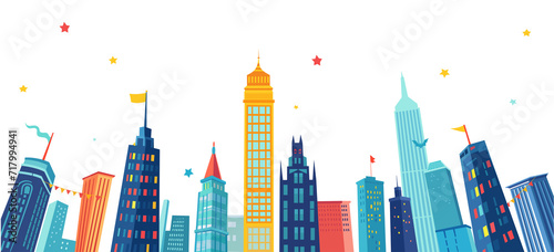 Comic-style horizontal PNG background for Super hero kids party with city silhouette and clouds. Metropolis cartoon Illustration