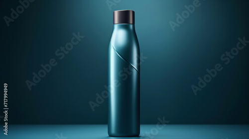 Minimalistic image of a green shampoo bottle in the center of the podium. Luxurious studio lighting. Generative AI