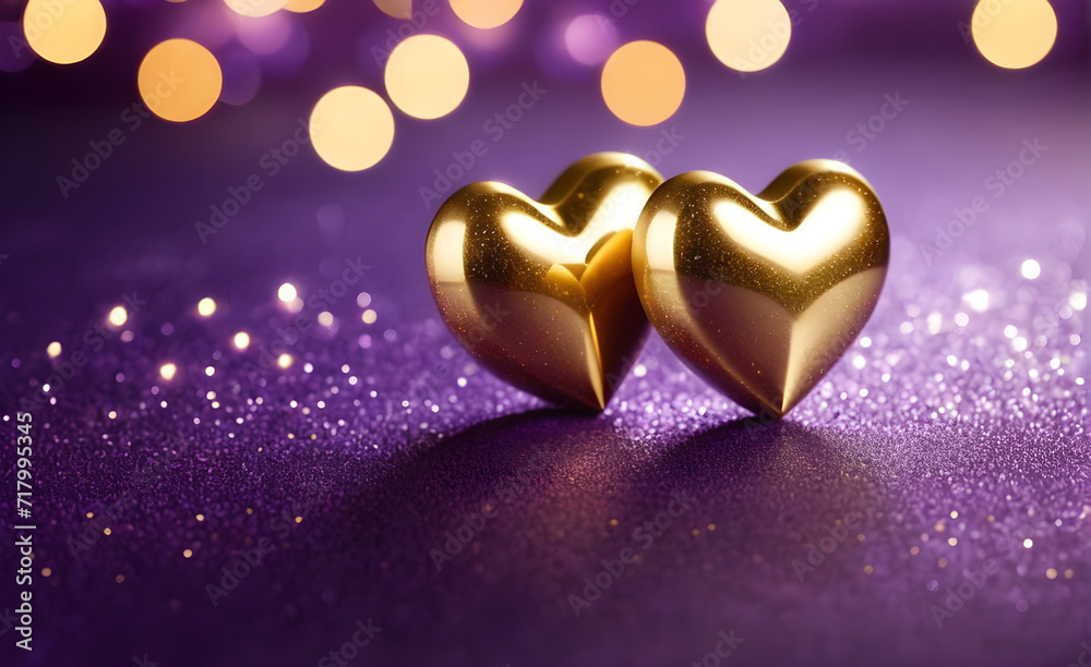 Fototapeta premium Two small gold heart on a sparkling soft purple background, Valentine's Day, Christmas. Generative AI