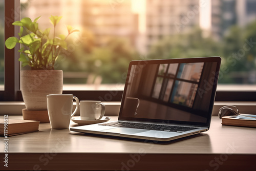 Home work place with laptop, cup of coffee on the table near window