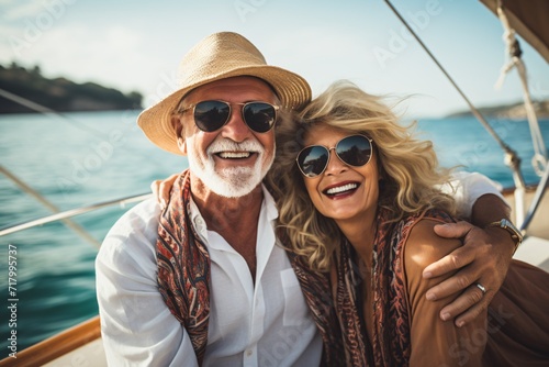 A joyful pair on a boat enjoying their retirement trip in Bali, with grinning affection and an elderly gentleman and lady on a yacht for a luxurious vacation and sailing experience. © ckybe